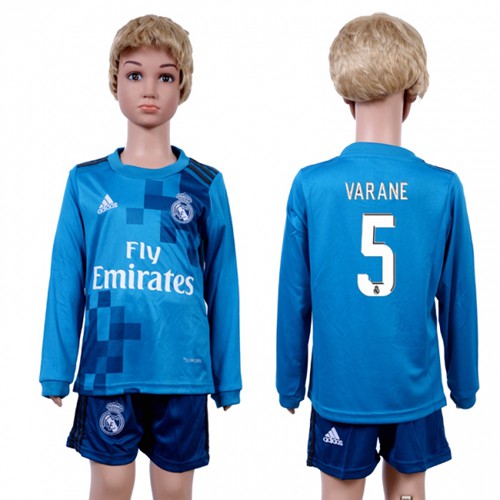 Real Madrid #5 Varane Sec Away Long Sleeves Kid Soccer Club Jersey - Click Image to Close